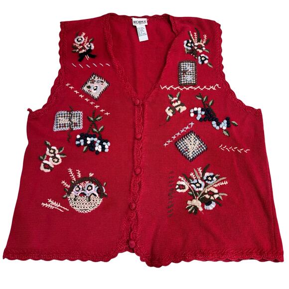 Vtg Koret City Blues Red Patchwork Embroidered Sweater Vest 1X Ramie Cotton - Picture 1 of 8